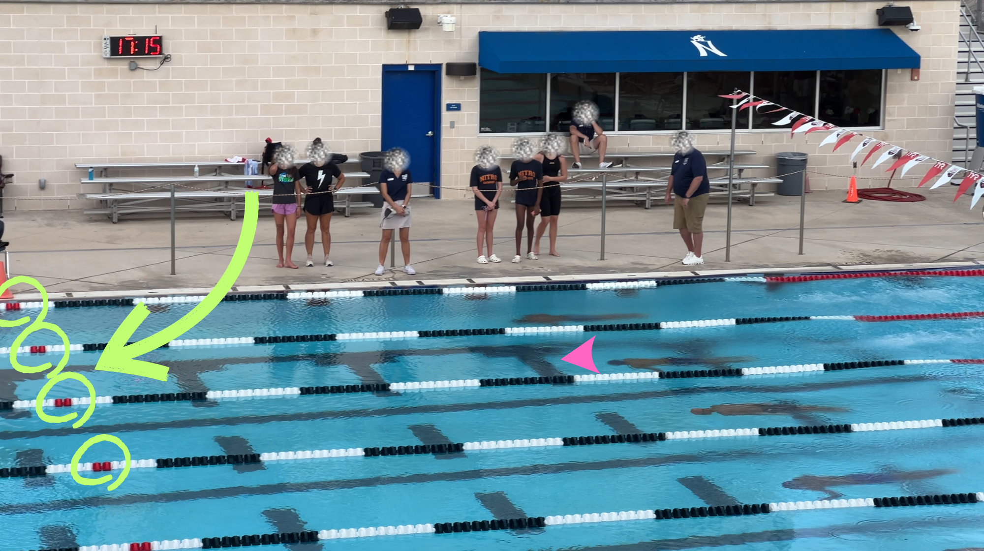 Long course pool, first colored floats off the wall highlighted as the 15 m mark