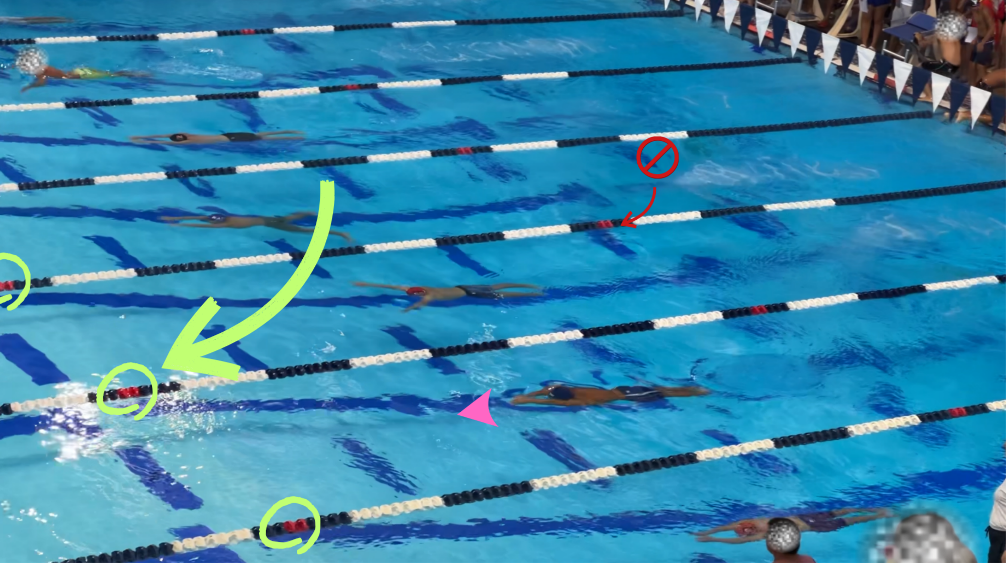 Long course pool, first float by the wall crossed out, second color change marked as 15 m