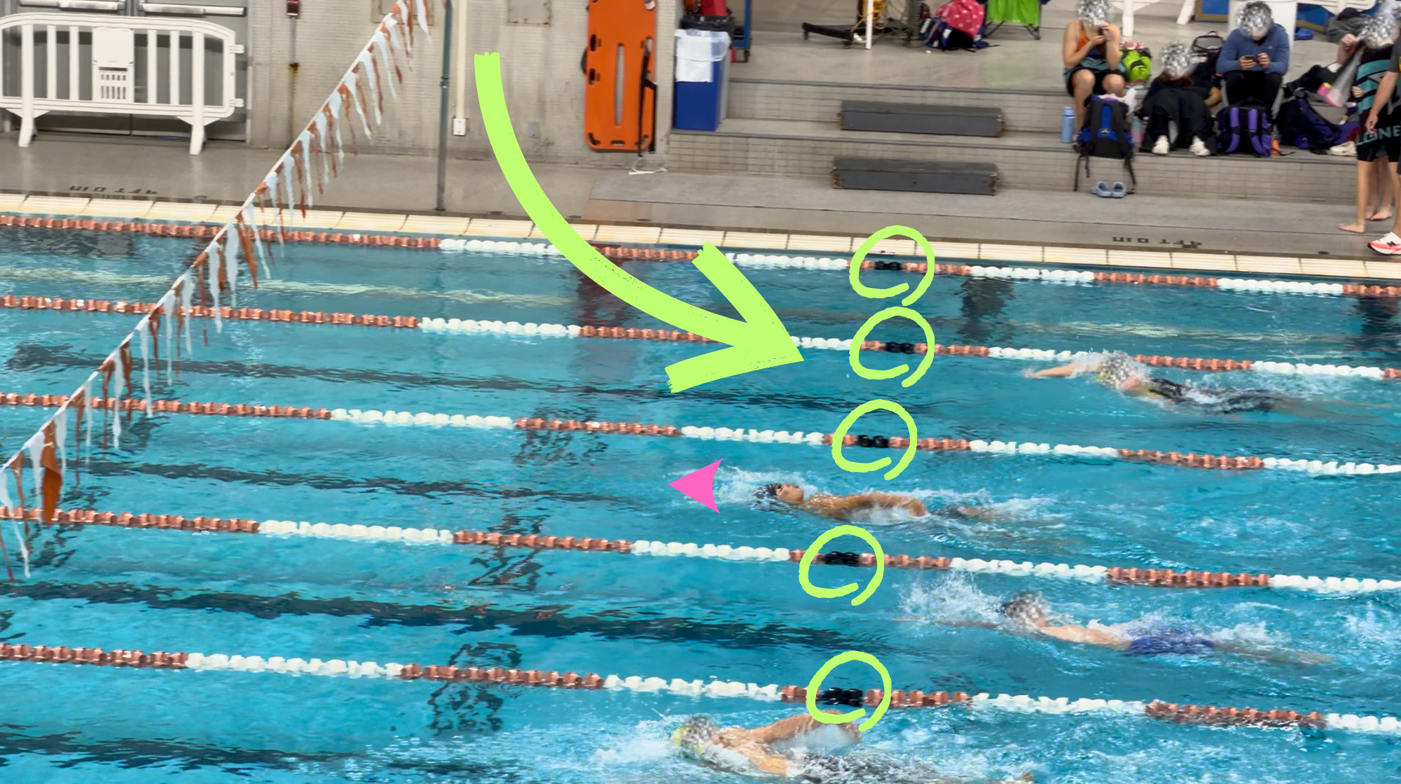Short course pool with the 15 m floats highlighted near the far end of the length